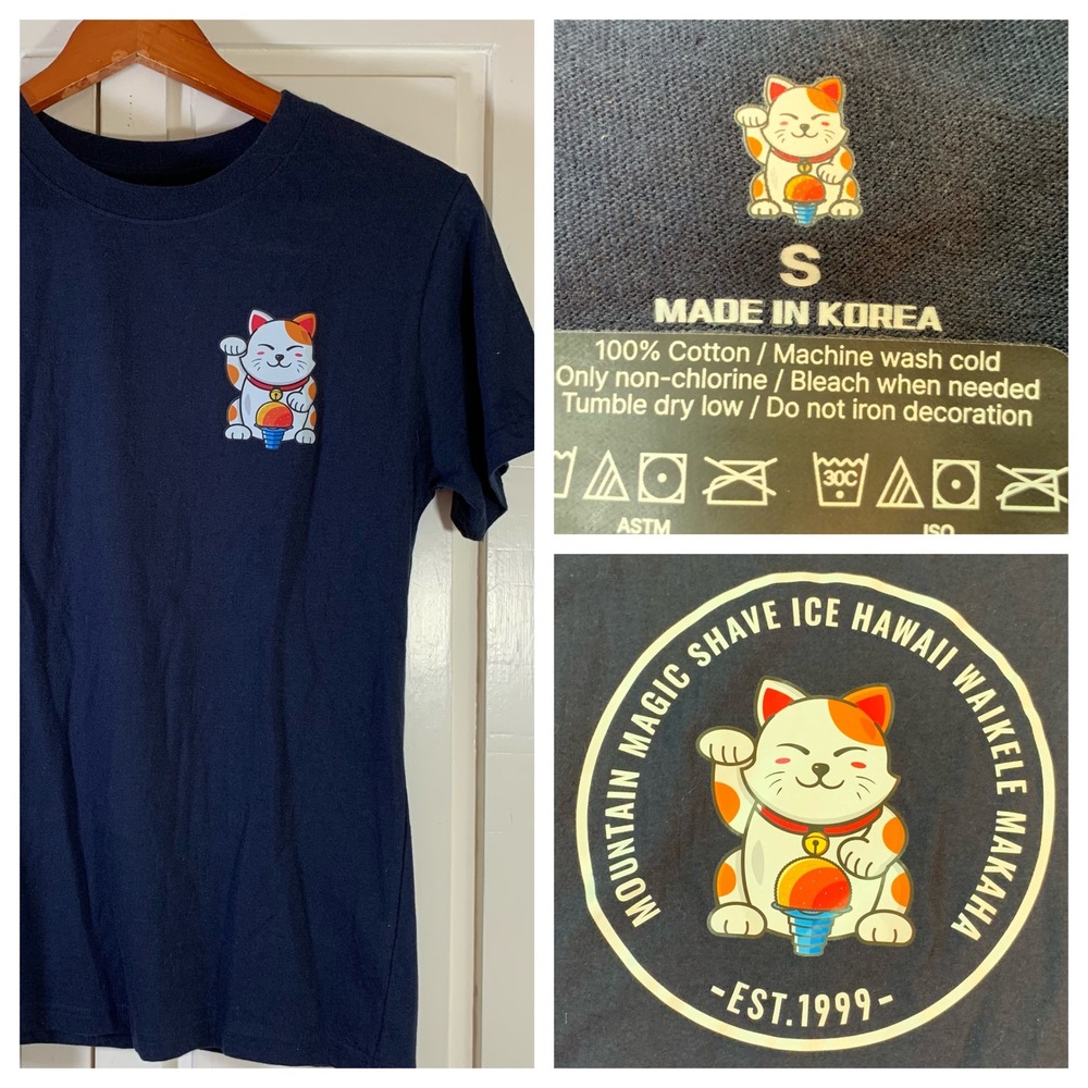 Mountain Magic Shave‎ Ice Hawaii T Shirt Lucky Cat Navy Blue Graphic Tee S